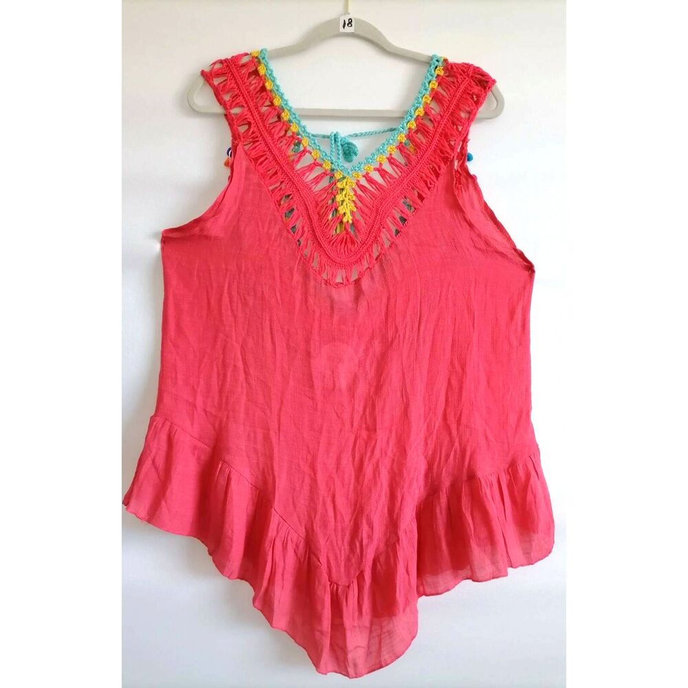 NWT Dasayo Womens Pink V-Neck Crochet Ruffle Pom Poms Tassel Tank L (estimated)